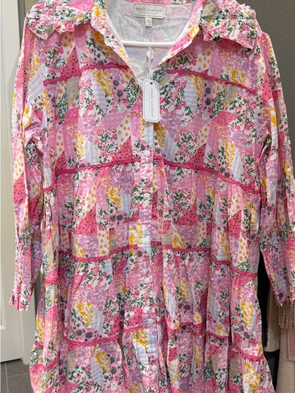 Simply Southern Pink Floral Patchwork Tiered Button Dress - Picture 2 of 8